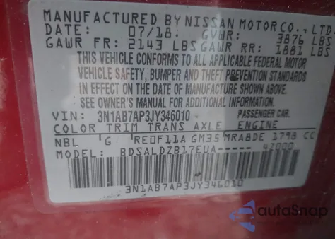 2018 Nissan Sentra Sv from USA, damaged, VIN 3N1AB7AP3JY346010